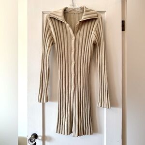 Ribbed Beige Long Wool Cardigan